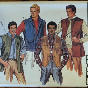 May include: A Butterick Classics sewing pattern envelope, number 6970, size 44. The illustration features five figures wearing various styles of vests, including plaid, solid tan, olive green, blue, and rust-colored designs over shirts and trousers.