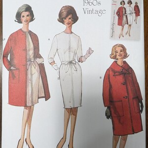 May include: Vintage sewing pattern for a dress and coat. The pattern is for sizes 10-22, 36-48, and 38-46. The pattern includes instructions for making a white dress with a bow at the waist and a red coat with a collar and pockets.