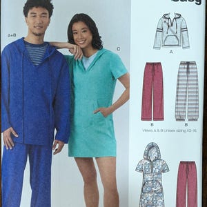 May include: A New Look sewing pattern, N6818, featuring unisex and misses sizing for various hooded outfits. The image shows a blue hooded jumpsuit, a turquoise hooded dress, and other design options.