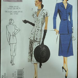 May include: Vogue Vintage Model sewing pattern featuring original 1948 designs. The pattern includes illustrations of women's suits and dresses. The pattern size is AAX (4-6-8-10).