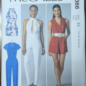 May include: McCall's sewing pattern M7366 size E5 (14-16-18-20-22) for a jumpsuit with three different styles: a white jumpsuit with a keyhole neckline, a red jumpsuit with a wrap-style neckline, and a blue jumpsuit with a V-neckline.