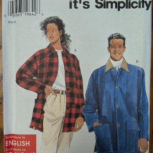 May include: A Simplicity sewing pattern envelope 7441 for sizes XS, S, M, L, XL. The front features illustrations of two jackets: a red and black buffalo plaid button-down jacket and a solid blue button-down jacket with a tan corduroy collar.