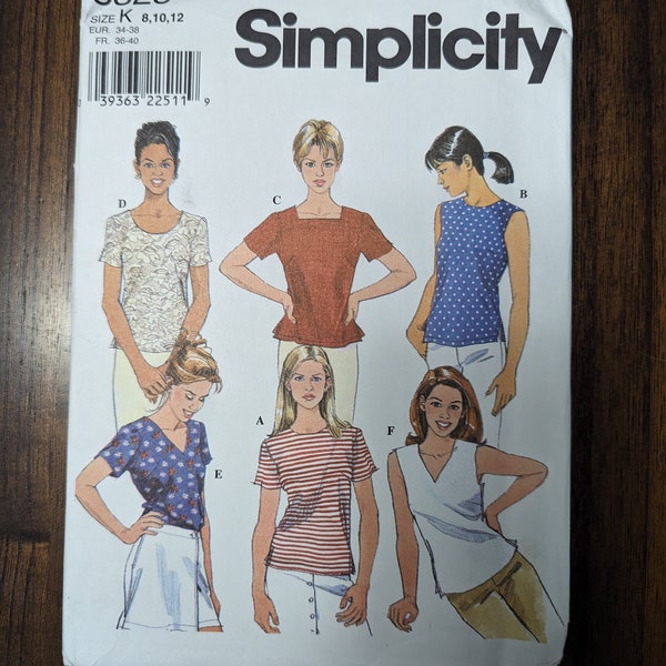 Uncut Simplicity Sewing Pattern #8523 for Misses' Tops with 6 Variations. Sizes 8-12.