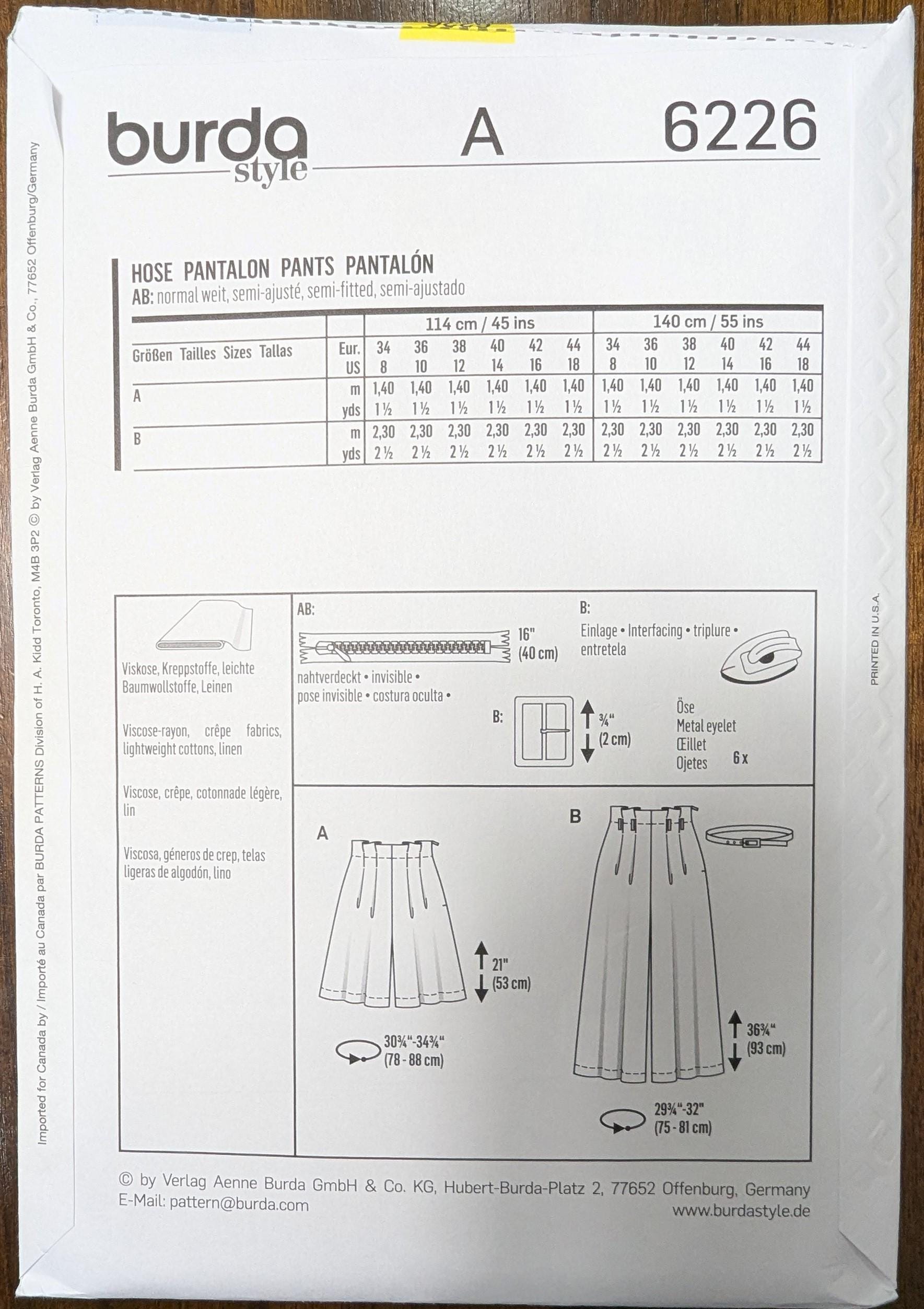 Uncut Burda Sewing Pattern #6226 for Misses and Misses' Plus Size Pants ...