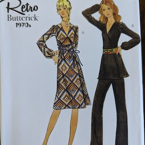 Uncut Butterick Sewing Pattern #B6958 for Misses&#39; Retro 1970s Dress, Tunic and Pants. Sizes 8-16.