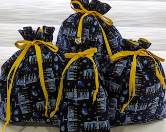 Eco Friendly Hanukkah Fully Lined Drawstring Fabric Gift Bags in 4 Sizes. Washable, Reusable, 100% Cotton