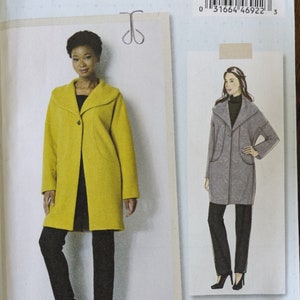 May include: A sewing pattern for a long coat with a large collar. The pattern is for sizes large, extra large, and extra extra large. The pattern is from Butterick and is called Lisette.