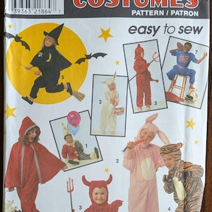 May include: Simplicity Costumes pattern featuring children's Halloween costumes. The cover shows illustrations of various costumes, including a witch, devil, bunny, and tiger. The pattern is sized for children ages 3-8.