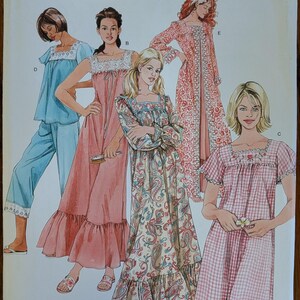 May include: A Simplicity 4048 sewing pattern envelope featuring illustrations of five different sleepwear designs, including a blue pajama set, a solid pink nightgown, a paisley print gown, a floral robe, and a pink gingham nightgown with lace trim.