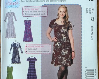 Uncut McCall's Sewing Pattern M7432 for Misses and Misses' Plus Size Dresses in 6 Styles. Sizes L-XXL (16-26).