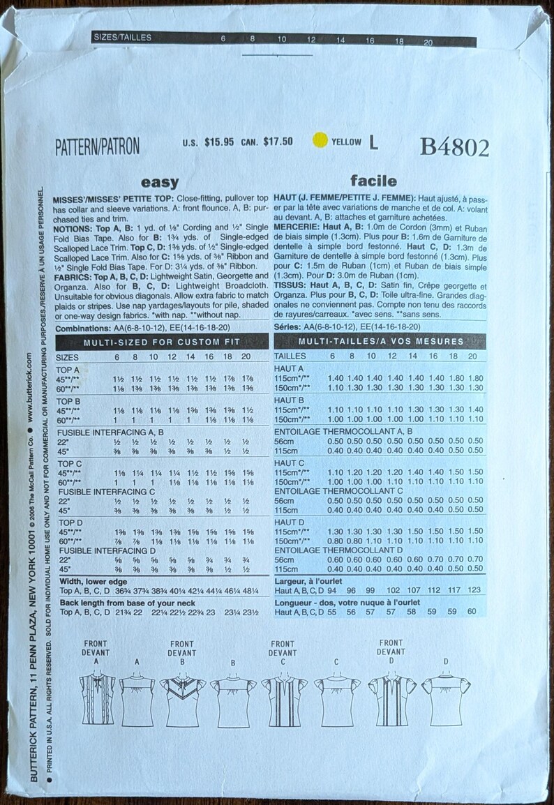 Uncut Butterick Sewing Pattern #B4802 for Misses and Misses' Plus Size ...