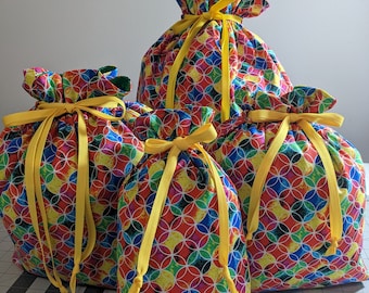 Eco-Friendly Fully Lined Drawstring Fabric Gift Bags Colorful Circle Pattern Reusable Washable Birthday Anniversary Any Day Gift Bags