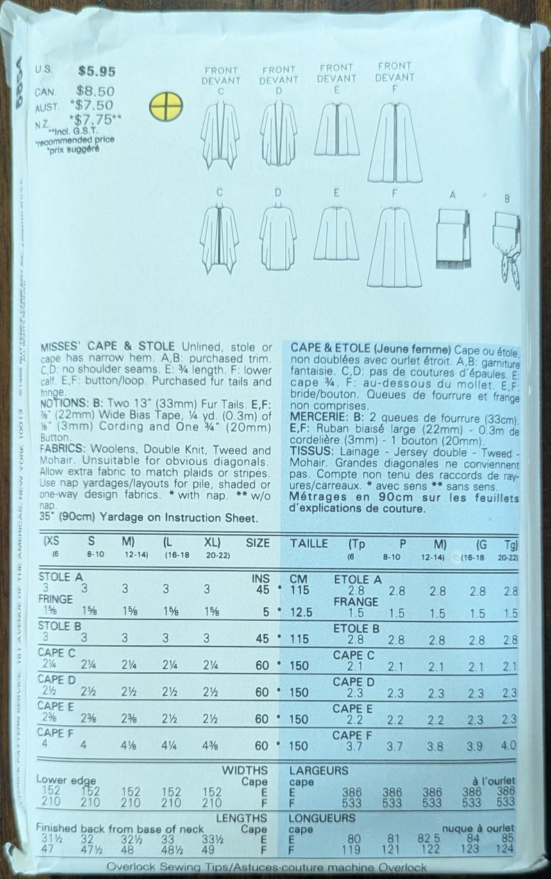Uncut Butterick Sewing Pattern #6854 for Misses' Cape and Stole With ...