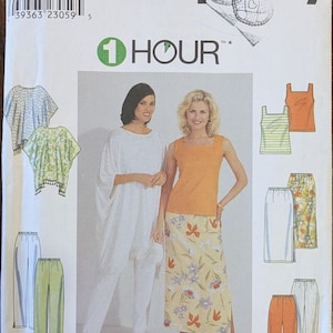 May include: A sewing pattern for a women's top and skirt. The pattern is from Simplicity and is labeled "1 Hour". The pattern includes a white top with a fringe, a green top with a fringe, a white skirt, a green skirt, an orange tank top, and a green tank top.