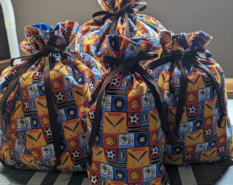 Eco-Friendly All Sports Fully Lined Drawstring Fabric Gift Bags in 4 Sizes. Reusable, Washable, 100% Cotton