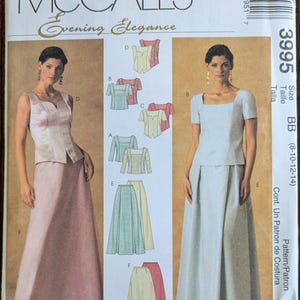 May include: McCall's Evening Elegance sewing pattern. The pattern features designs for formal wear, including skirts and tops. The cover displays illustrations of the finished garments, showcasing various styles and sizes. The pattern includes the size range of 8-14.