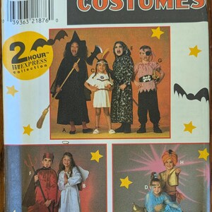 May include: A Simplicity Costumes sewing pattern envelope, number 8283, featuring illustrations of various children's costumes including a witch, pirate, devil, angel, and genie. The package displays the 2 Hour Express collection logo and stars.