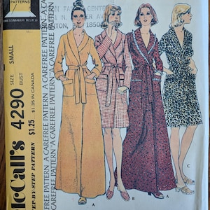 May include: McCall's Patterns 4290 sewing pattern envelope for a robe in size small. The front features illustrations of four robe variations: a long solid yellow robe, a knee-length red plaid robe, a long floral robe, and a short leopard print robe.
