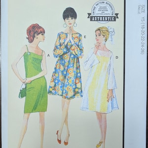 May include: McCall's vintage sewing pattern featuring three dress designs from the 1960s. The pattern includes additional size options and cutting layouts. The size is Y5, equivalent to sizes 18-26.