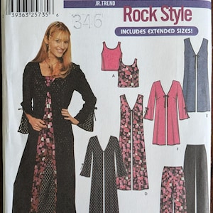 Uncut Simplicity Rock Style Sewing Pattern #7184 for Juniors' Coat or Vest in 2 Lengths and Knit Top and Pants. Sizes 7/8-15/16.
