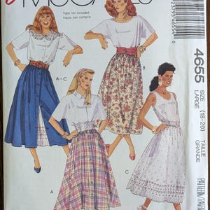 May include: A vintage McCall's sewing pattern envelope featuring illustrations of women's skirts and tops. The envelope is white with the text "Easy McCall's" in red. The pattern number is 4655, size large (18-20).