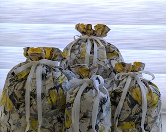 Yellow Floral Eco-Friendly Lined Drawstring Gift Bags in 4 Sizes. 100% Cotton. Reusable, Washable Gift Bags.