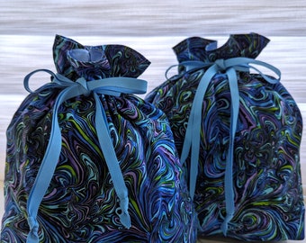 Blue Swirls Eco-Friendly Lined Drawstring Fabric Gift Bags. 100% Cotton. Washable, Reusable Birthday Gift Bags