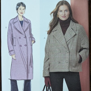 May include: Butterick sewing pattern B7007 featuring illustrations of two double-breasted coats. The pattern includes sizes R5 (14-16-18-20-22). The coat on the left is a long, lavender coat, and the coat on the right is a plaid jacket.