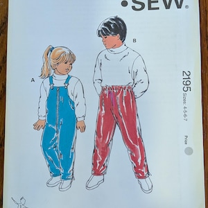 May include: A Kwik Sew pattern envelope 2195 for sizes 4-5-6-7 featuring illustrations of two children. One child wears blue overalls over a white long-sleeve shirt, and the other wears red pants with a white long-sleeve shirt. Includes a barcode.