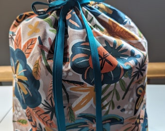 Eco-Friendly Tropical Flowers Drawstring Fully Lined Fabric Gift Bags in 4 Sizes. Washable, Reusable, 100% Cotton