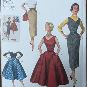 May include: Simplicity sewing pattern number R11273 for a 1960s vintage dress. The pattern includes four different dress styles: a black dress with a yellow top, a red dress with pockets, a plaid skirt, and a skirt and top.