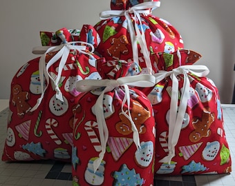 Eco-friendly Christmas Holiday Cookies Fully Lined Fabric Drawstring Gift Bags Reusable Washable Zero Waste Gift Bags