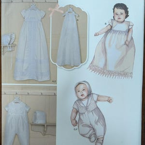 May include: Simplicity pattern 8024 features baby clothing designs. The image shows illustrations of a long gown, a romper, and a bonnet. The pattern includes sizes XXS-M.