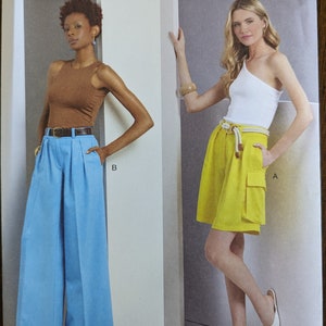 May include: Vogue Patterns sewing pattern V1958. The pattern features two different outfits: a pair of light blue wide-leg pants and a yellow skirt with a pocket. The pattern size is A5 (6-8-10-12-14).