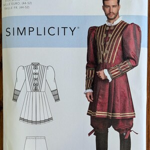 May include: A Simplicity sewing pattern envelope S9095 for a costume featuring a deep red doublet with gold trim, puffed sleeves, and matching knee-length breeches. The package includes technical line drawings of the jacket and pants design.