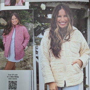 May include: A sewing pattern for a quilted jacket with two different styles. The pattern is called "Know Me" by Mimig and is size D5 (4-6-8-10-12). The pattern includes a QR code for a sew-along video tutorial.