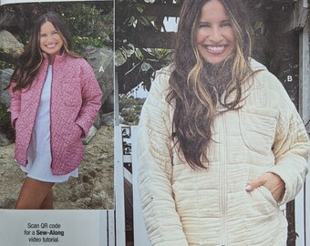May include: A sewing pattern for a quilted jacket with two different styles. The pattern is called "Know Me" by Mimig and is size D5 (4-6-8-10-12). The pattern includes a QR code for a sew-along video tutorial.
