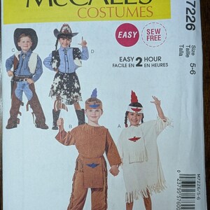 May include: A sewing pattern for children's costumes. The pattern includes instructions for making a cowboy, a cowgirl, and two Native American costumes. The pattern is for sizes 5-6. The pattern is labeled "Easy" and "Sew Free".