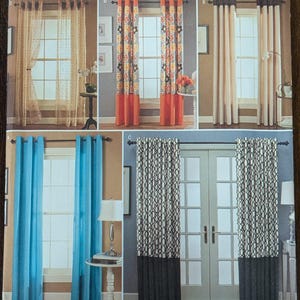 May include: Simplicity pattern 1437 features various curtain designs. The image showcases different styles, including sheer, floral, solid, and patterned curtains. The pattern includes the text "U.S. ONE SIZE" and "Designed and printed in the USA".
