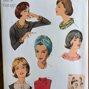 May include: A Simplicity 5227 sewing pattern envelope for 1960s vintage accessories. The white paper cover features illustrations of five different headwear and neckwear styles, including a leopard print collar, a blue turban, and a bow tie.