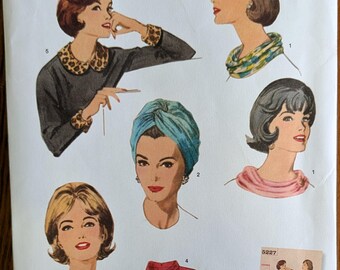 Uncut Simplicity 1960s Vintage Sewing Pattern 5227 for Accessory Pac including Ring Scarf, Collar and Cuffs, Dickey and Turban. One Size.