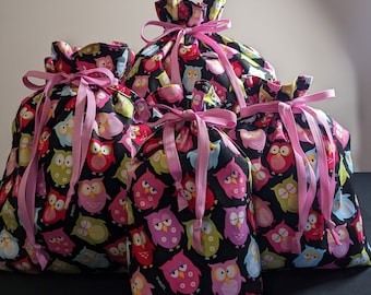 Eco Friendly Hoot Owls Drawstring Fabric Gift Bags, Reusable, Waste Free Gift Bags Birthday Anniversary Mother's Day