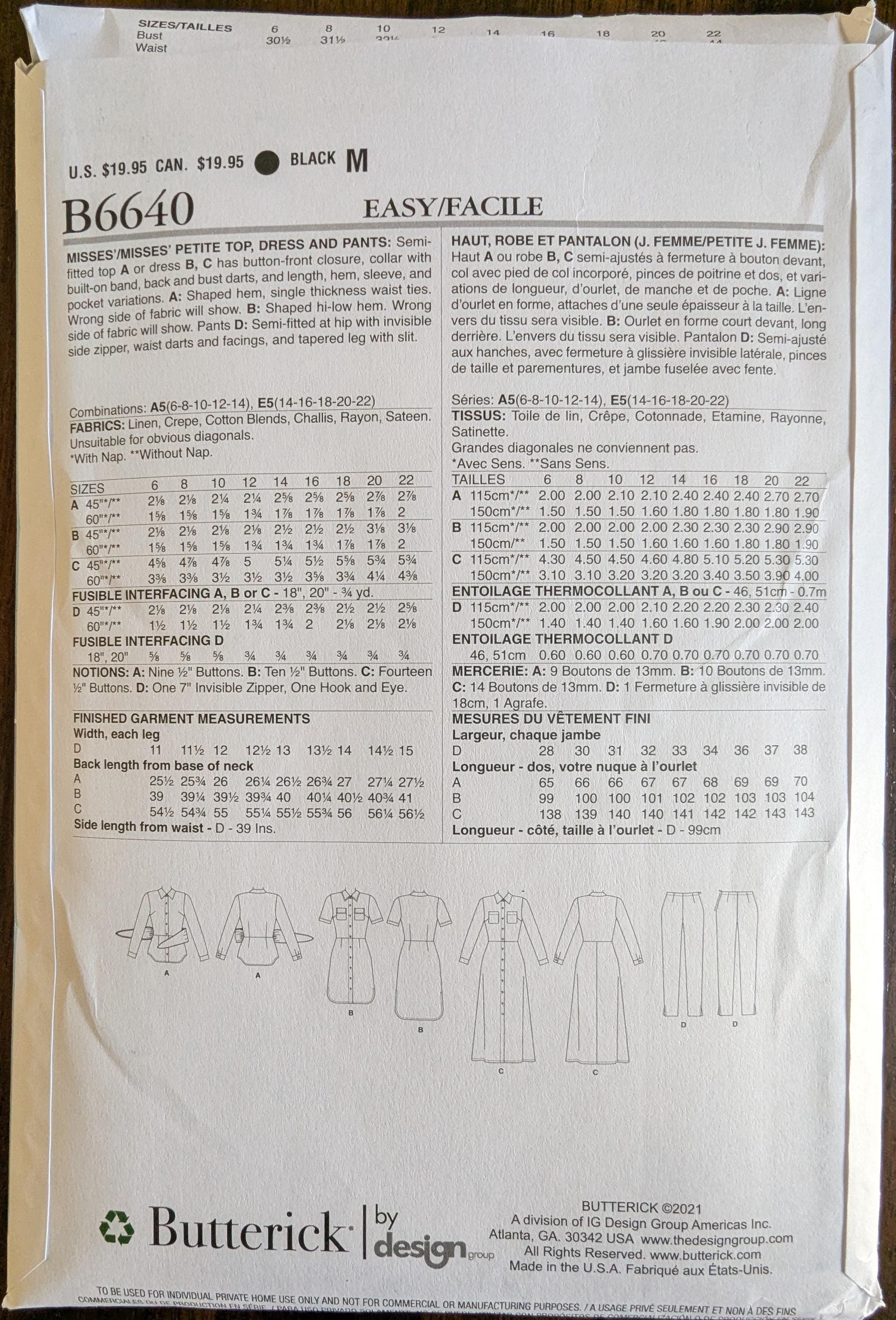 Uncut Butterick Sewing Pattern #B6640 for Misses and Misses' Plus Size ...