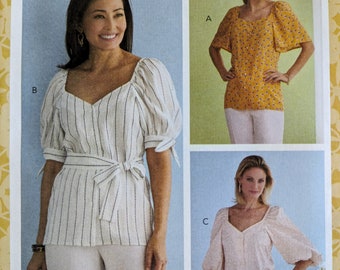 Uncut Butterick Sewing Pattern #B6733 for Misses and Misses' Plus Size Top with 3 Variations. Sizes 6-14 and Sizes 14-22 Available.