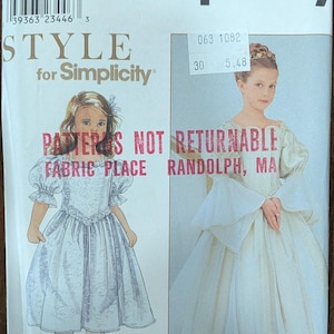 May include: Simplicity sewing pattern featuring illustrations of two girls in formal dresses. The pattern includes the text "STYLE for Simplicity" and "PATTERNS NOT RETURNABLE FABRIC PLACE RANDOLPH, MA". The pattern size is AA 3,4,5,6.