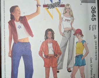 Uncut McCall's NY Junior Sewing Pattern #3645 for Junior's Jacket, Vest, Top, Pants and Shorts. Sizes 3/4-9/10.