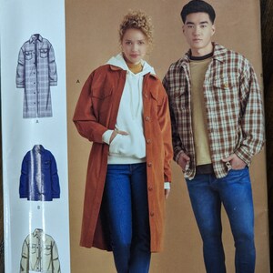 May include: A sewing pattern for a long-sleeved shirt with a button-down front and a plaid design. The pattern is for sizes XXS-XXL. The pattern is from Simplicity.