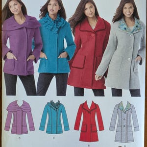 May include: Simplicity sewing pattern 1540 H5 for jackets in sizes 6-14. The pattern features four variations: a purple jacket with a wide collar, a teal jacket with a ruffled collar, a red jacket with trim, and a grey jacket with a patterned collar.
