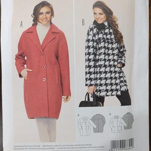 May include: Burda Style sewing pattern number 6844 for a coat or jacket. The pattern includes instructions for making two different styles: a red coat with a button closure and a black and white houndstooth coat with a button closure. The pattern is for sizes EUR 32/34-52/54 and US 6/8-26/28. The pattern includes seam and hem allowances.