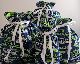 Eco Friendly Seattle Seahawks Lined Fabric Drawstring Gift Bags Reusable Washable Zero Waste Gift Bags